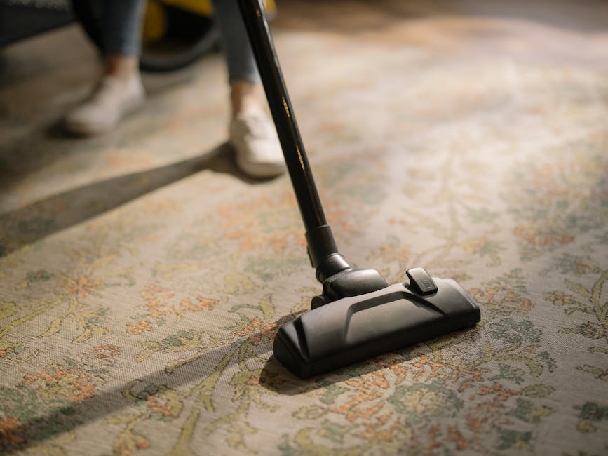 A black vacuum cleaner with a modern flat head attachment is being used on an ornate, patterned carpet in a room with warm, natural lighting. The carpet features intricate floral designs in muted tone